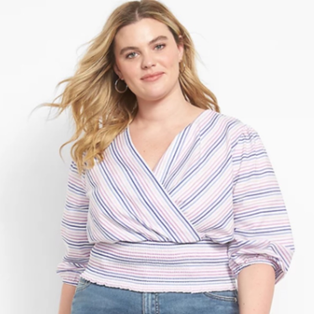 NWT Lane Bryant smocked 3/4 stripe top size 20. Purple blue white. - Picture 2 of 13